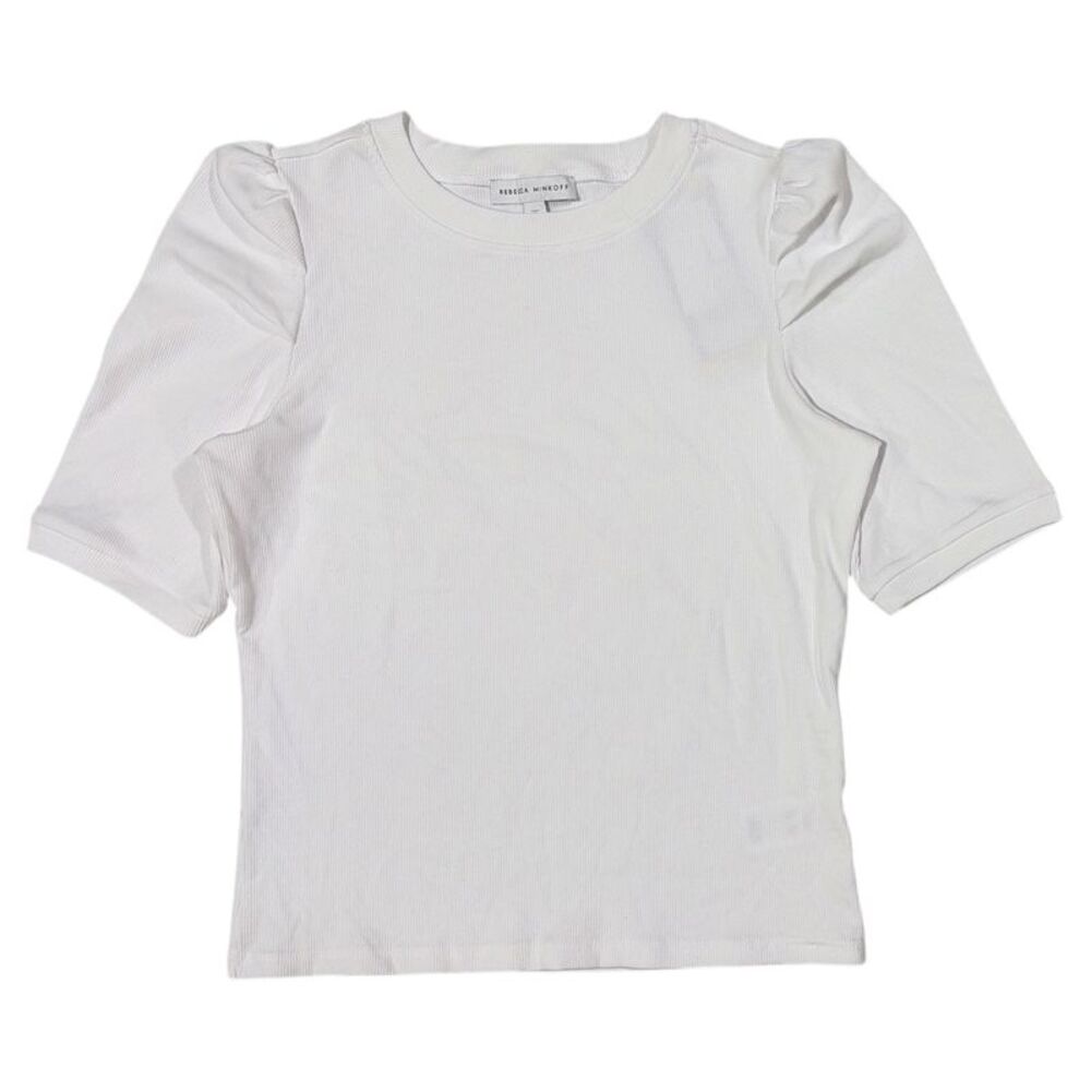 Rebecca Minkoff Women's Regular Fit Soft Rib Knit Puff Sleeve Top - White